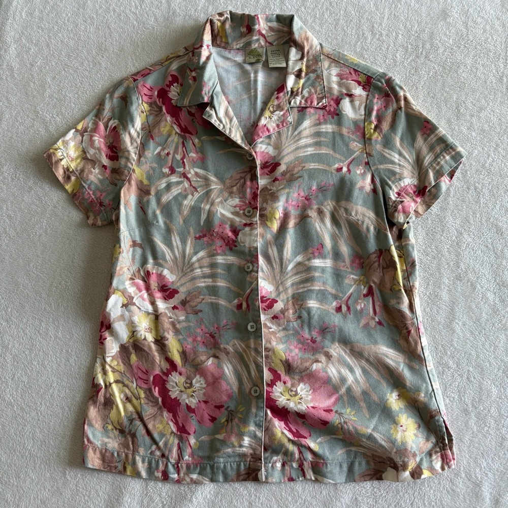 Islander Tropical Floral Button Up Blouse Green Pink size S